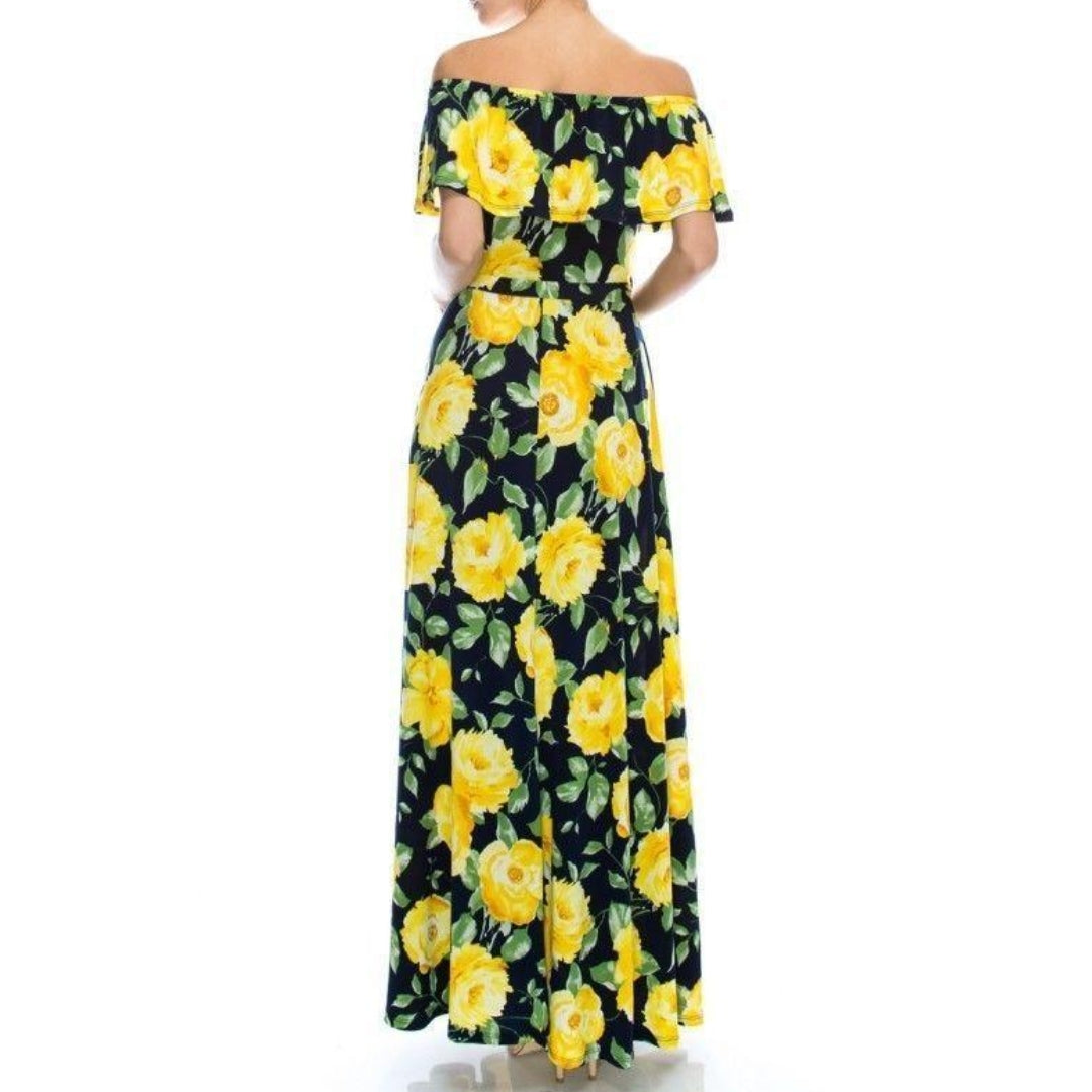 yellow floral off the shoulder maxi dress Navy Blue Yellow Floral Off Shoulder Long Maxi Dress – Kerena Nicole LLC