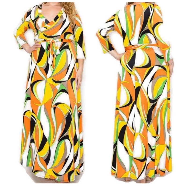 Seventies Retro Swirl Faux Wrap Maxi Plussize Dress – Kerena Nicole LLC