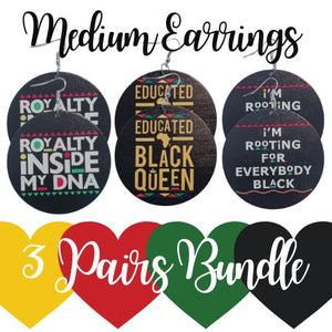 3 Pairs MEDIUM Royalty Black Queen Statement Dangle Drop Wood Earrings Bundle