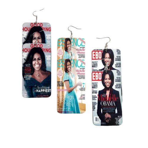 3 Pairs Rectangle Michelle Obama Statement Dangle Drop Wood Earrings Bundle