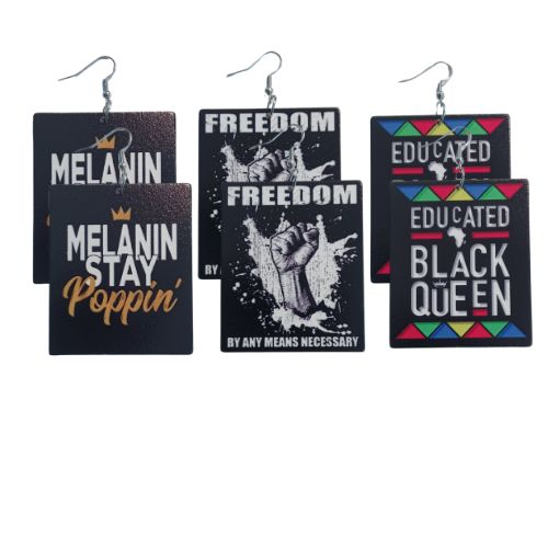 3 Pairs Rectangle Black Queen Power Fist Poppin Statement Dangle Drop Wood Earrings Bundle