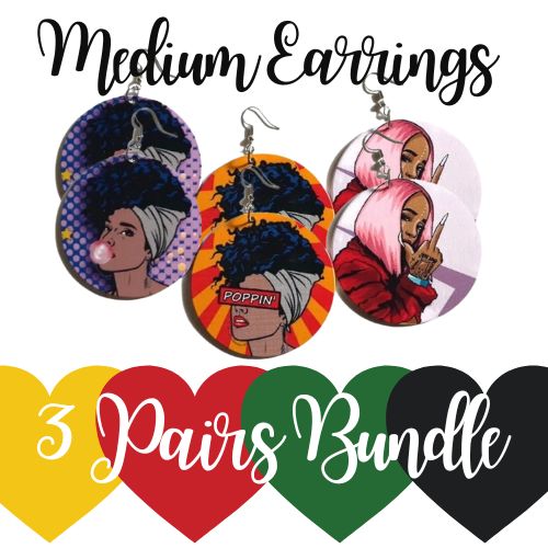 3 Pairs MEDIUM Melanin Poppin Statement Dangle Drop Wood Earrings Bundle