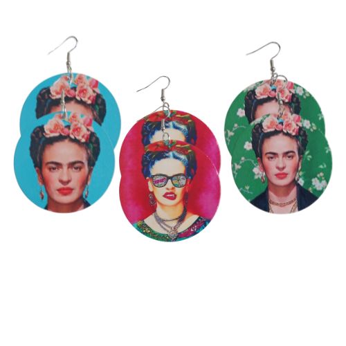 3 Pairs MEDIUM Statement Frida Kahlo Dangle Drop Wood Earrings Bundle