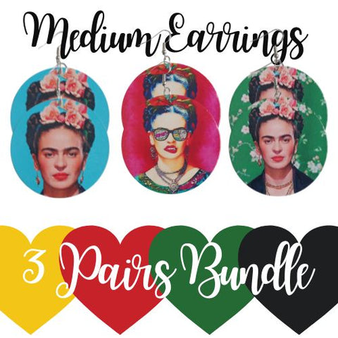 3 Pairs MEDIUM Statement Frida Kahlo Dangle Drop Wood Earrings Bundle