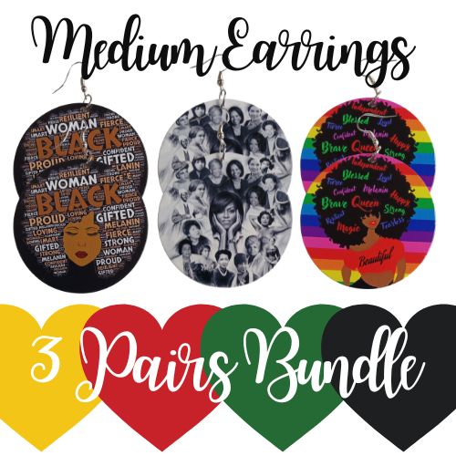 3 Pairs MEDIUM Black Women Phenomenal Statement Dangle Drop Wood Earrings Bundle