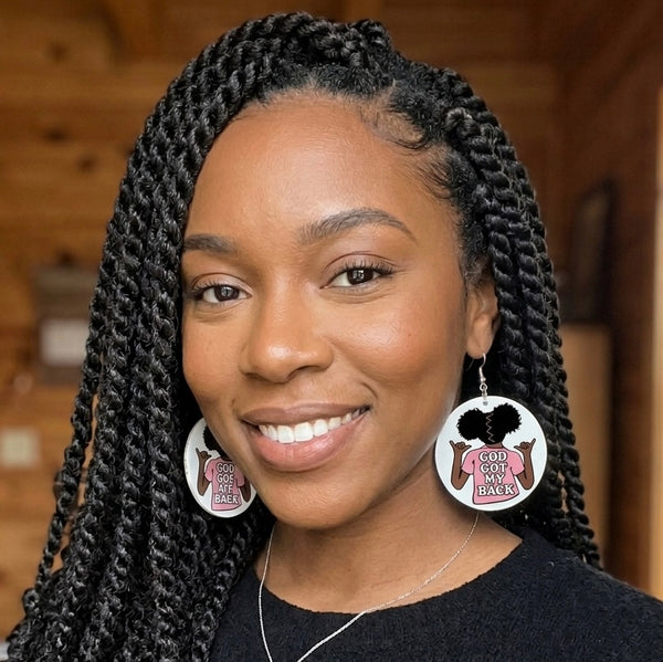 GOD Got MY BACK Pink Tee Afro Puffs Statement Dangle Wood Earrings