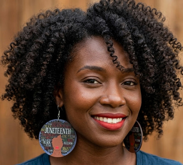 Juneteenth 1865 Denim and Afro Statement Dangle Wood Earrings