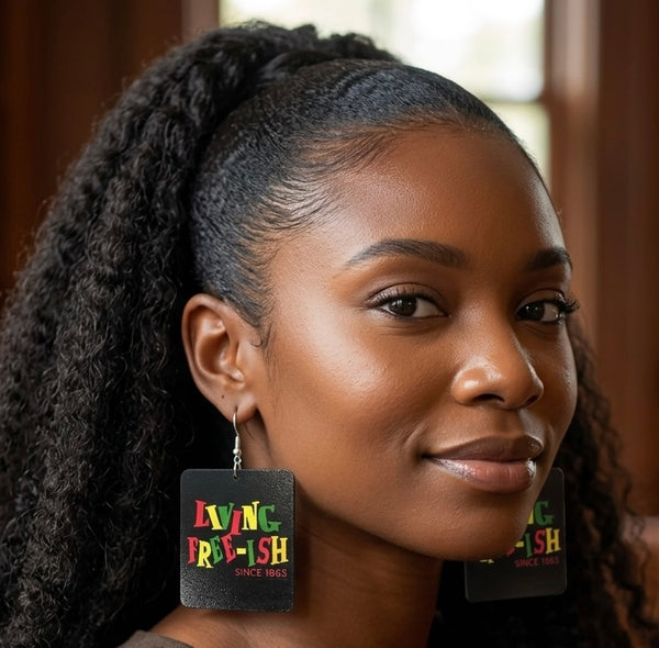 Living Freeish Since 1865 Rectangle Statement Dangle Wood Earrings