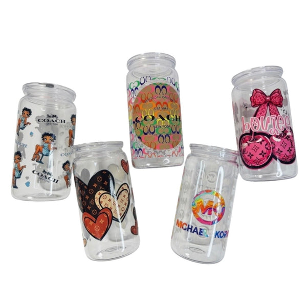 16oz Designed Tumblers with Tops Straw Acrylic Clear