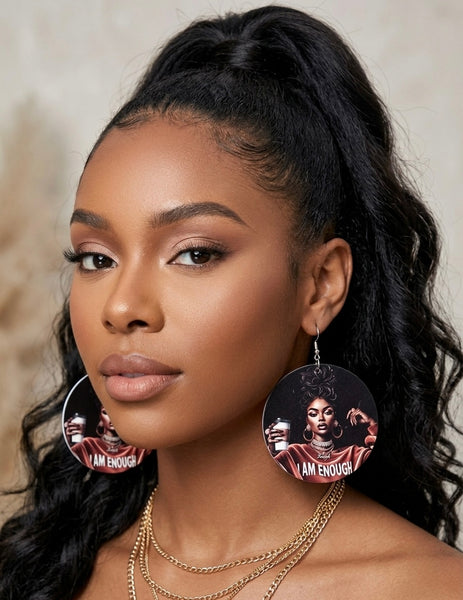 I AM ENOUGH Melanin Queen Statement Dangle Wood Earrings