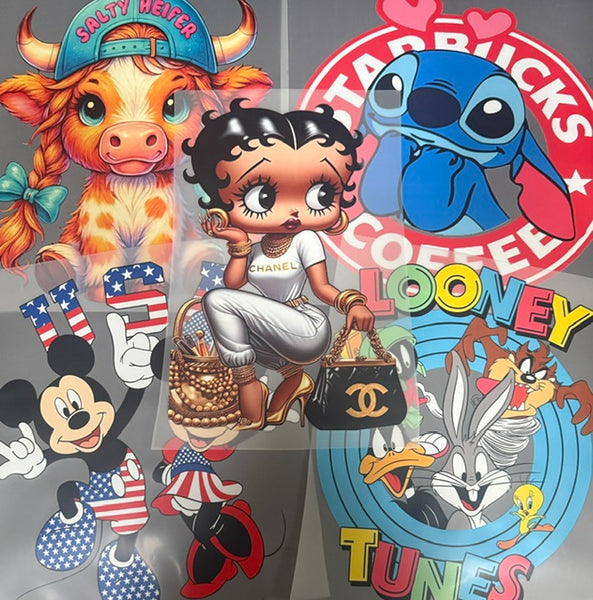 DTF Transfer Bundle – Assorted Ready Press Designs (5 Pack) Betty Boop & Them