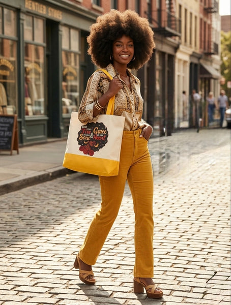 She Has Fire in Her Soul and Grace in Her Heart Large Two-Tone Reusable Canvas Handbag