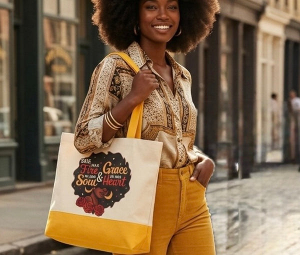 She Has Fire in Her Soul and Grace in Her Heart Large Two-Tone Reusable Canvas Handbag