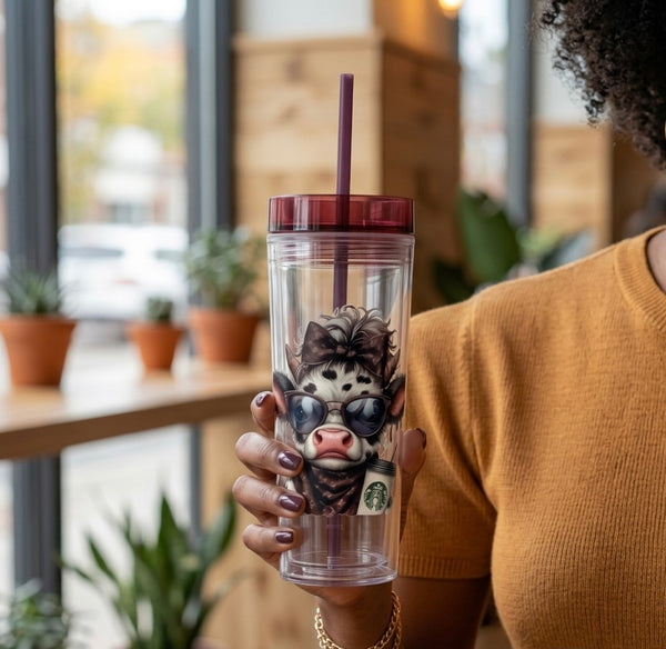 16oz Designed Slim Tumblers with Color Tops Straw Acrylic Double Wall Clear