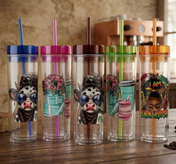 16oz Designed Slim Tumblers with Color Tops Straw Acrylic Double Wall Clear