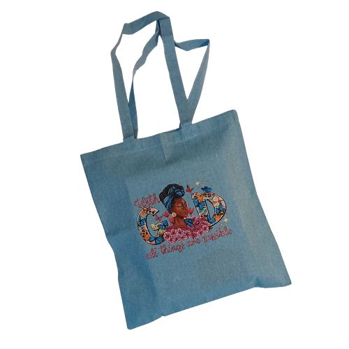 With GOD All Things Are Possible Blue Reuseable Farmers Market Canvas Tote Handbag
