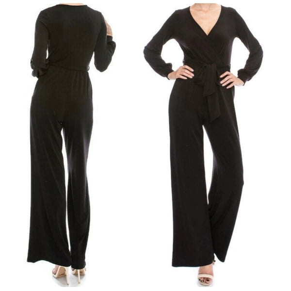 Black Bell Long Sleeve V-neck Jumpsuit