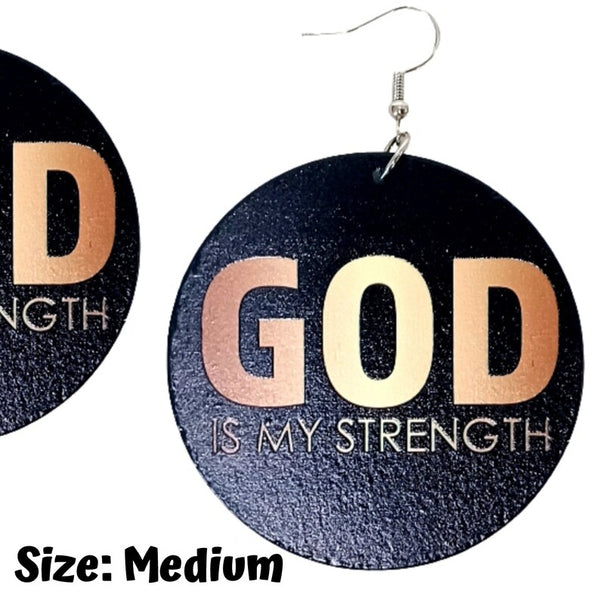 GOD Is My Strength in Gold Black Statement Dangle Wood Earrings