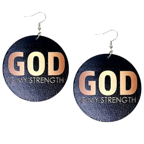 GOD Is My Strength in Gold Black Statement Dangle Wood Earrings