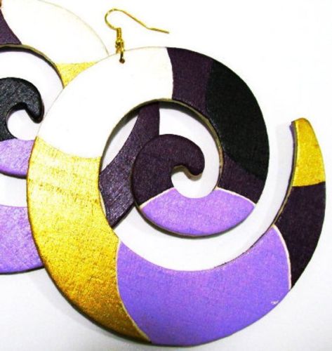 Purple Gold Swirl Handmade Multi Statement Dangle Wood Earrings