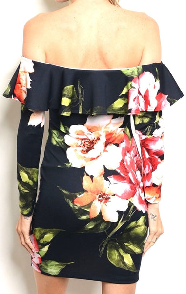 Watercolor Floral Off-Shoulder Bodycon Midi Cocktail Black Dress