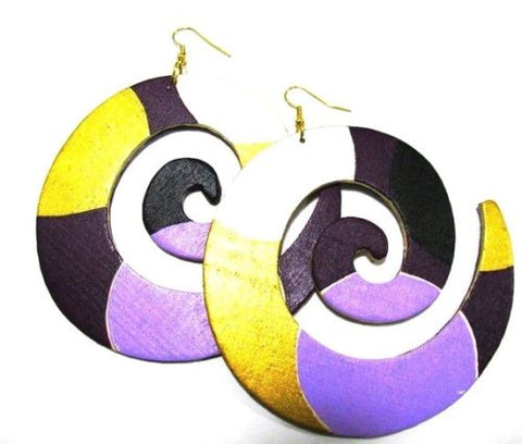 Purple Gold Swirl Handmade Multi Statement Dangle Wood Earrings