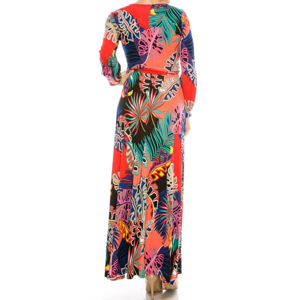 Banana Leaf Floral Faux Wrap Cuff LongSleeve Maxi Dress