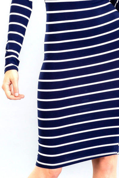 Capella Navy White Stripe Basic Bodycon Casual Long Sleeve Dress