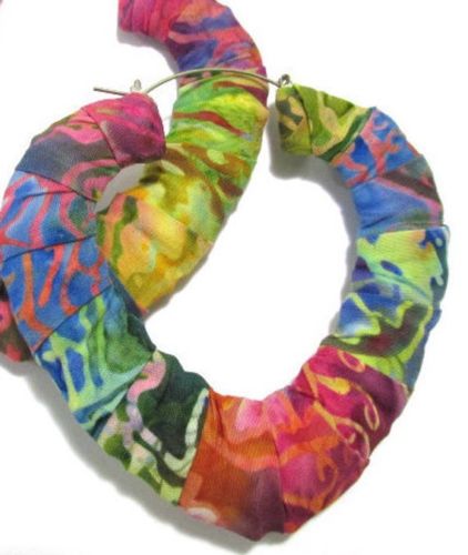 OOAK Bright Color Fabric Wrapped Bamboo Handmade Hoop Heart Earrings