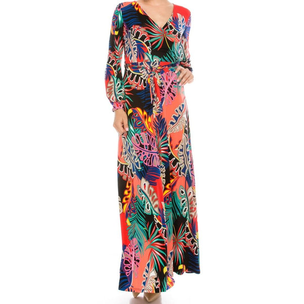 Banana Leaf Floral Faux Wrap Cuff LongSleeve Maxi Dress