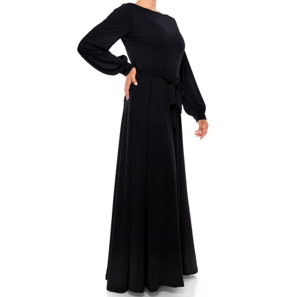 Black Boat Neck Bell Long Sleeve Maxi Dress