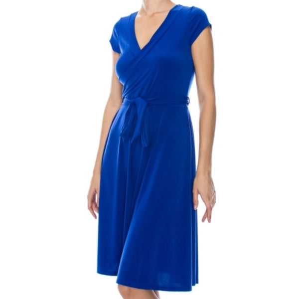 Royal Blue Solid Faux Wrap Knee Length Cap Sleeve Dress