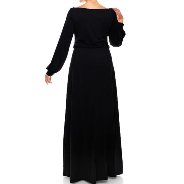 Black Boat Neck Bell Long Sleeve Maxi Dress