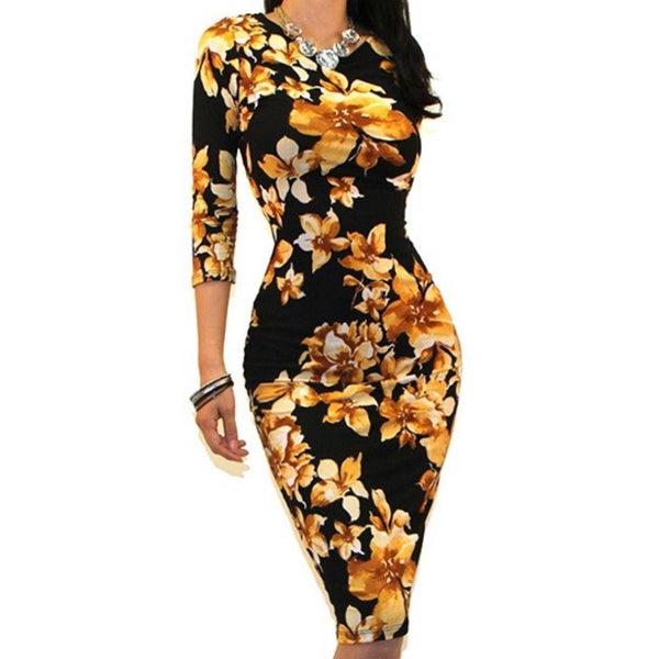 Black Yellow Floral Sexy 3/4 Sleeve Bodycon Party Cocktail Dress