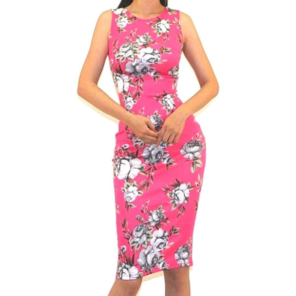 Hot Pink Gray Floral Sexy Sleeveless Bodycon Party Cocktail Dress