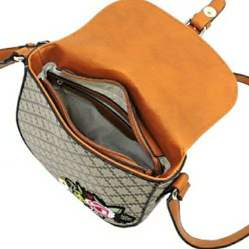 Brown Tan Embroidery Flower Flap Closure Cross Body Handbag