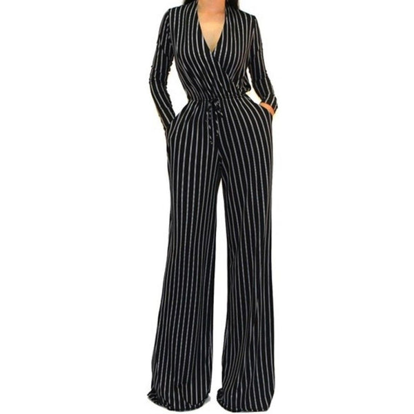 Black White Stripe Casual V Neck Wide Leg Jumpsuit