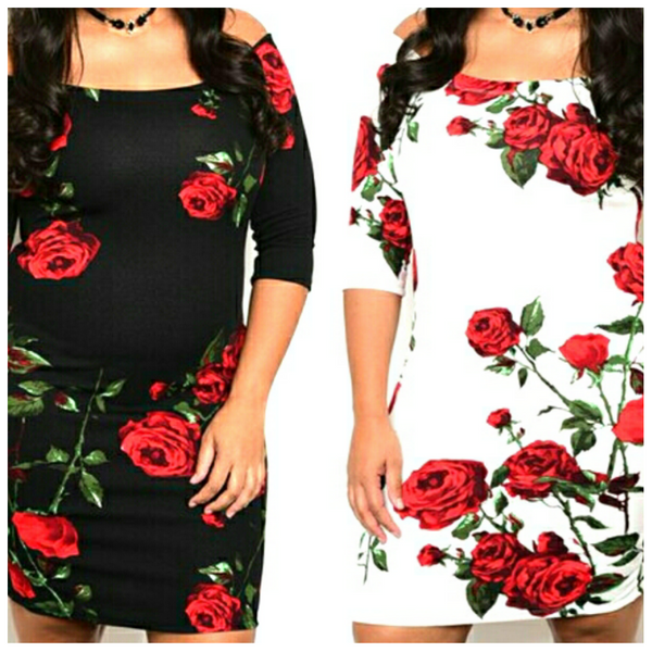 White Red Rose Plussize Off Shoulder Bodycon Midi Party Dress