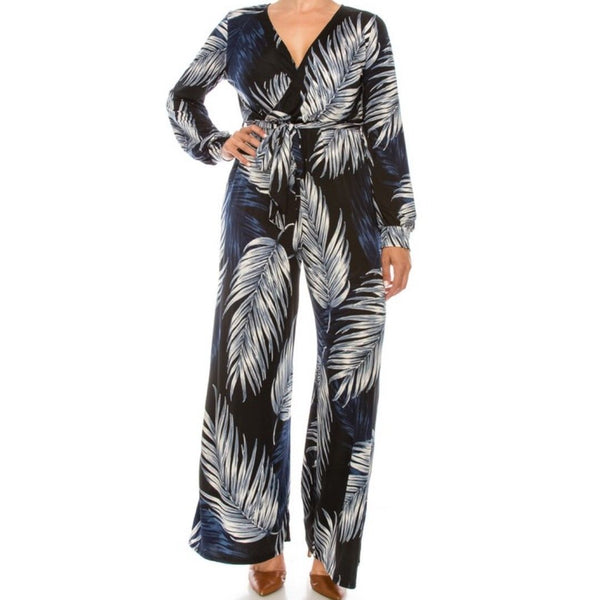 Navy White Palm Leaves Long Bell Sleeve Plussize Jumpsuit