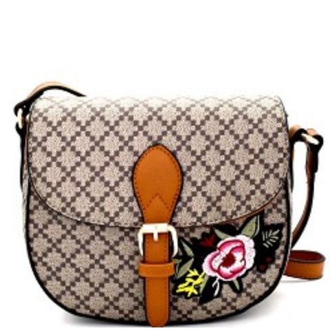 Brown Tan Embroidery Flower Flap Closure Cross Body Handbag