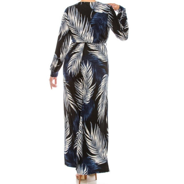 Navy White Palm Leaves Long Bell Sleeve Plussize Jumpsuit