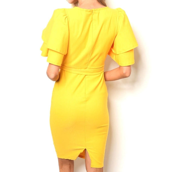 Mustard Flutter Sleeve Bodycon Party Cocktail Evening Midi Dress