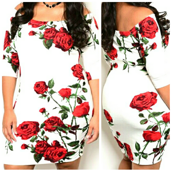 White Red Rose Plussize Off Shoulder Bodycon Midi Party Dress