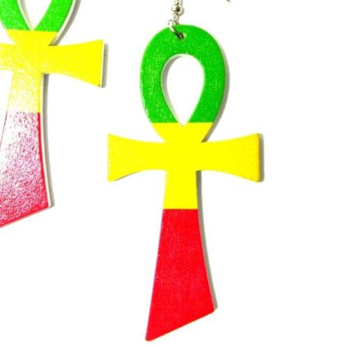 Ankh Rasta Statement Wood Dangle Drop Earrings (Green Top)