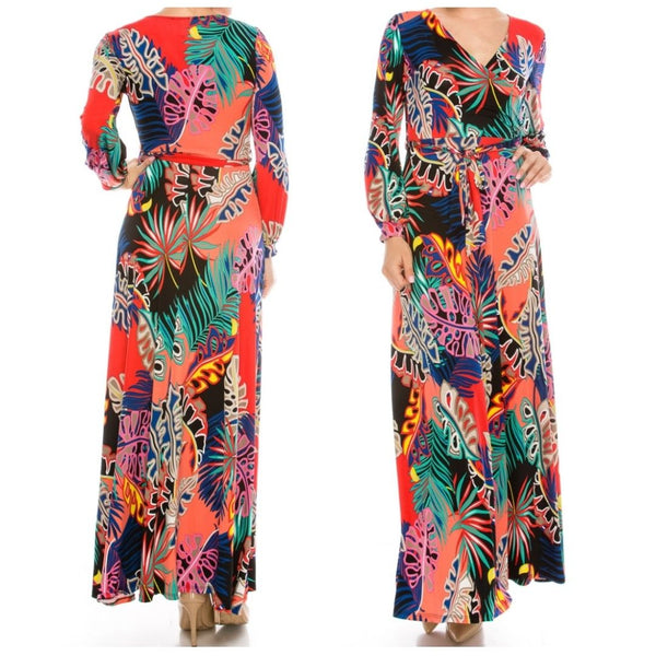 Banana Leaf Floral Faux Wrap Cuff LongSleeve Maxi Dress