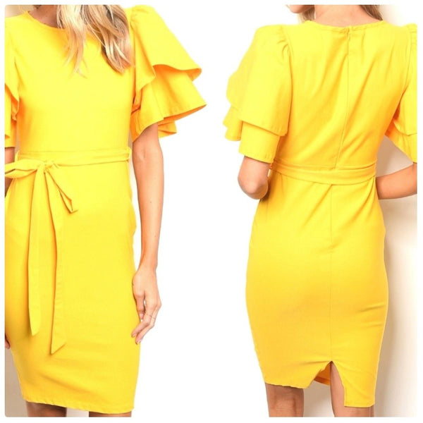 Mustard Flutter Sleeve Bodycon Party Cocktail Evening Midi Dress