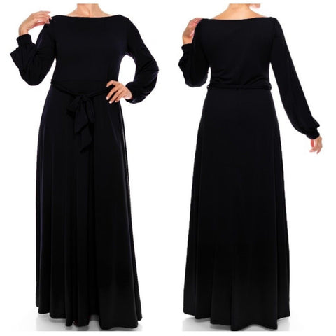 Black Boat Neck Bell Long Sleeve Maxi Dress