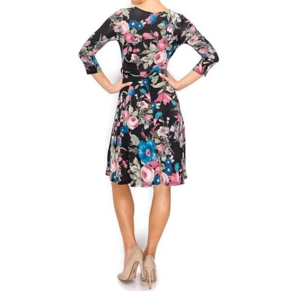 Blush Blue Floral Faux Wrap Knee Length Dress