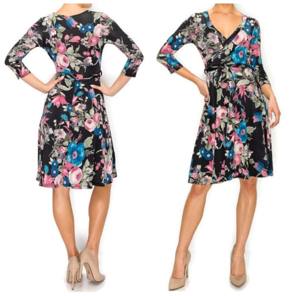 Blush Blue Floral Faux Wrap Knee Length Dress