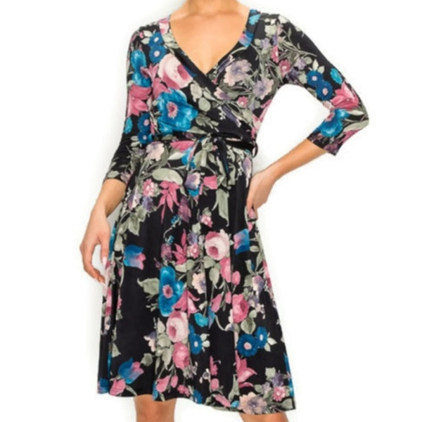 Blush Blue Floral Faux Wrap Knee Length Dress